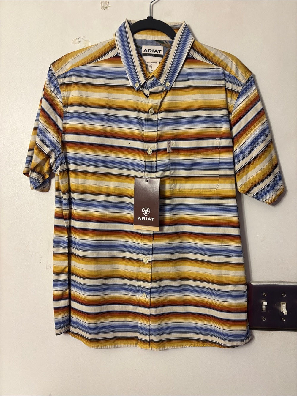 Ariat Men's Short Sleeve Striped Button-Down Shirt - Yellow, Blue, Brown